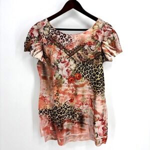 Vintage Y2K Floral Animal Print Short Sleeve Top Tunic‎ Large Embellishment